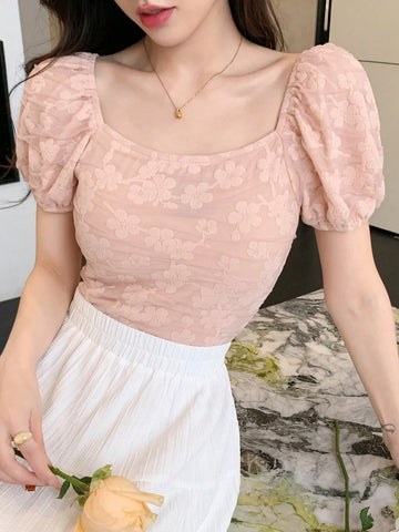 DAZY Solid Color Flower Texture Puff Sleeve Slim Fit Off Shoulder Women Shirt