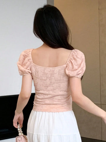 DAZY Solid Color Flower Texture Puff Sleeve Slim Fit Off Shoulder Women Shirt