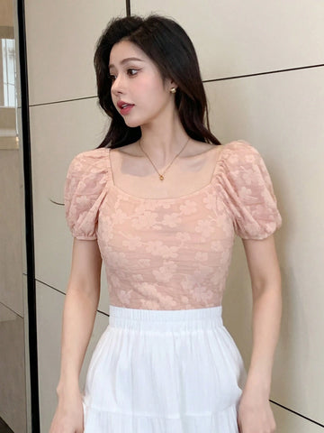 DAZY Solid Color Flower Texture Puff Sleeve Slim Fit Off Shoulder Women Shirt