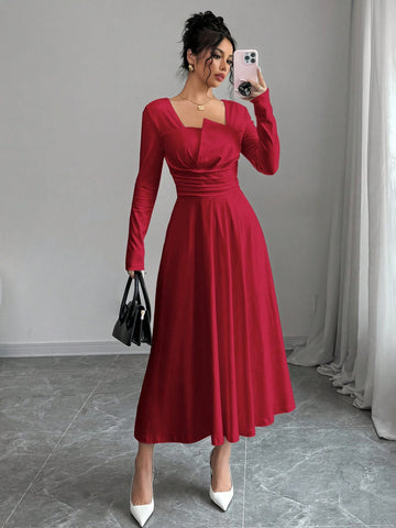 Women's Elegant Solid Asymmetric Collar Long Sleeve Ruched Waist Aline Dress