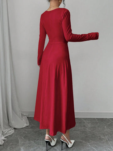 Women's Elegant Solid Asymmetric Collar Long Sleeve Ruched Waist Aline Dress