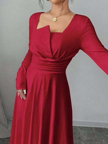 Women's Elegant Solid Asymmetric Collar Long Sleeve Ruched Waist Aline Dress
