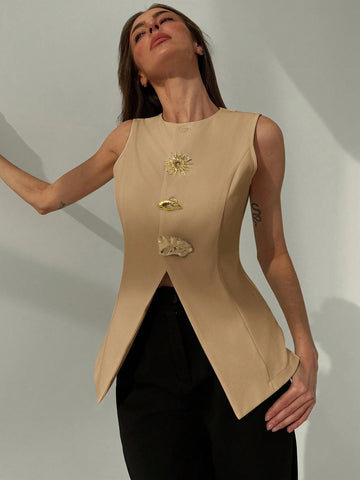 Aloruh Minimalist Refined Office Crew Neck Fitted Metallic Decor Split Hem Blazer