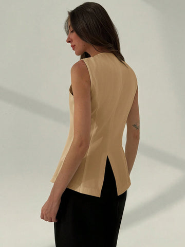 Aloruh Minimalist Refined Office Crew Neck Fitted Metallic Decor Split Hem Blazer
