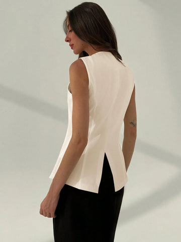 Aloruh Minimalist Refined Office Crew Neck Fitted Metallic Decor Split Hem Blazer
