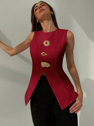 Aloruh Minimalist Refined Office Crew Neck Fitted Metallic Decor Split Hem Blazer