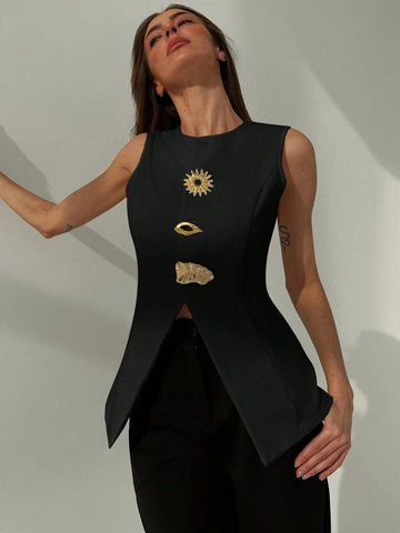 Aloruh Minimalist Refined Office Crew Neck Fitted Metallic Decor Split Hem Blazer