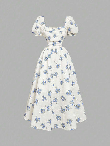 MOD Base Rose Flower Puff Sleeve Chest Ruched Waist Cinched Dress