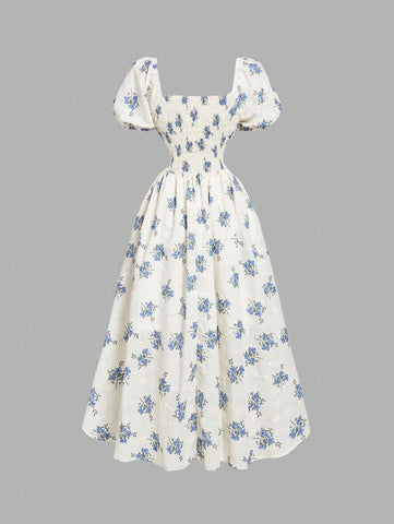 MOD Base Rose Flower Puff Sleeve Chest Ruched Waist Cinched Dress