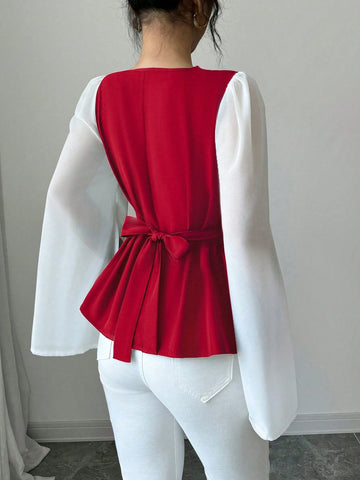 Women's High-Quality Swing Collar Draped Stitching Cinched Waist Chiffon Sheer Split Sleeve Blouse