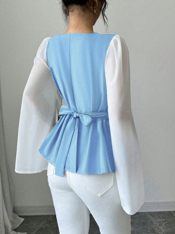 Women's High-Quality Swing Collar Draped Stitching Cinched Waist Chiffon Sheer Split Sleeve Blouse