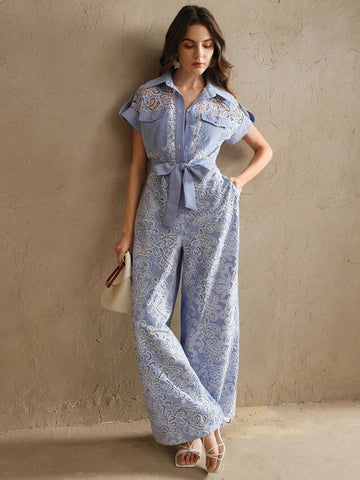 Women's Elegant Vacation Blue Lace Hollow Out Waist Belt Pocket Straight Jumpsuit