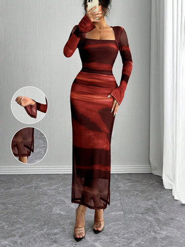 Rafferiza Long Sleeve, Split Cuff, Drawcord Waist, U-Neck, Mesh Abstract Print Fitted Dress