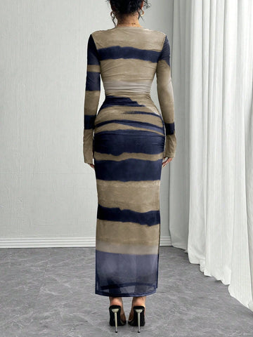 Rafferiza Long Sleeve, Split Cuff, Drawcord Waist, U-Neck, Mesh Abstract Print Fitted Dress