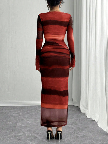 Rafferiza Long Sleeve, Split Cuff, Drawcord Waist, U-Neck, Mesh Abstract Print Fitted Dress