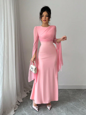 Elenzga Women's Solid Color V-Neck Split Sleeve Elegant Long Dress