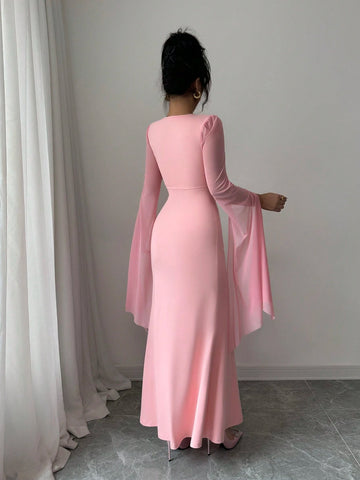 Elenzga Women's Solid Color V-Neck Split Sleeve Elegant Long Dress