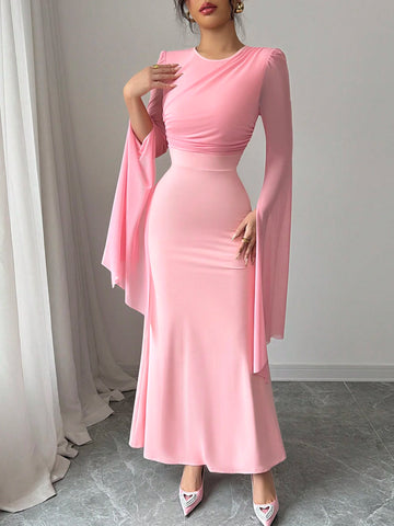 Elenzga Women's Solid Color V-Neck Split Sleeve Elegant Long Dress