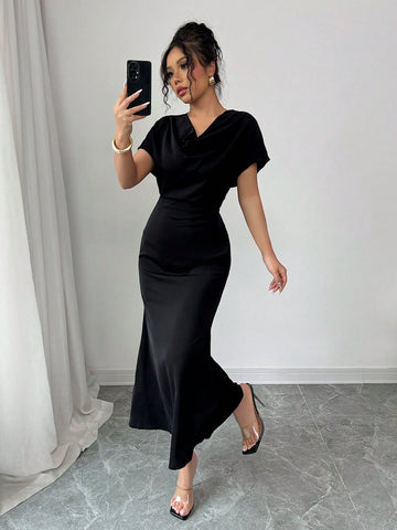 Rafferiza Elegant Romantic Plunging Neck Backless Tie-Up Waist Fishtail Dress