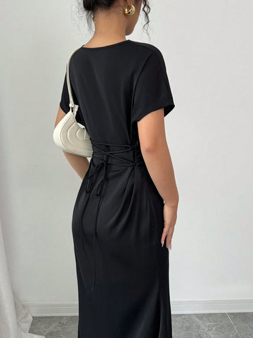 Rafferiza Elegant Romantic Plunging Neck Backless Tie-Up Waist Fishtail Dress