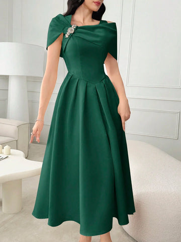 Modelyn Ladies Solid Color Asymmetrical Neckline Dress With Rhinestone Embellishment