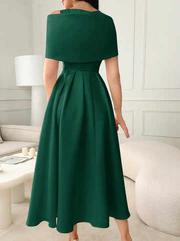 Modelyn Ladies Solid Color Asymmetrical Neckline Dress With Rhinestone Embellishment