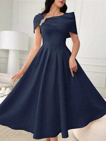 Modelyn Ladies Solid Color Asymmetrical Neckline Dress With Rhinestone Embellishment