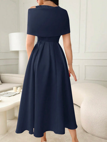 Modelyn Ladies Solid Color Asymmetrical Neckline Dress With Rhinestone Embellishment