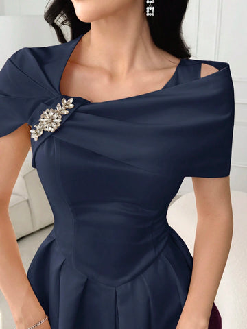 Modelyn Ladies Solid Color Asymmetrical Neckline Dress With Rhinestone Embellishment