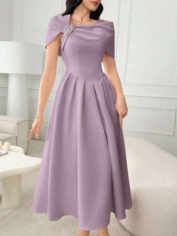 Modelyn Ladies Solid Color Asymmetrical Neckline Dress With Rhinestone Embellishment