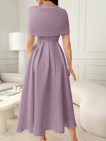 Modelyn Ladies Solid Color Asymmetrical Neckline Dress With Rhinestone Embellishment