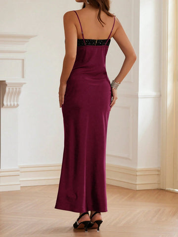 2pcs/Set Elegant Sequin Strapless Top & Plunging Neckline Floor-Length Dress
