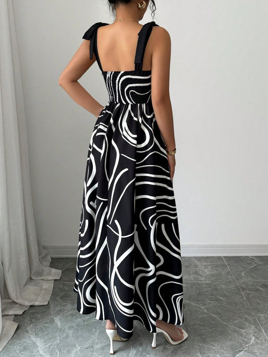 Elenzga Women's Striped Bowknot Cinched Waist Waist Midi Vacation Dress