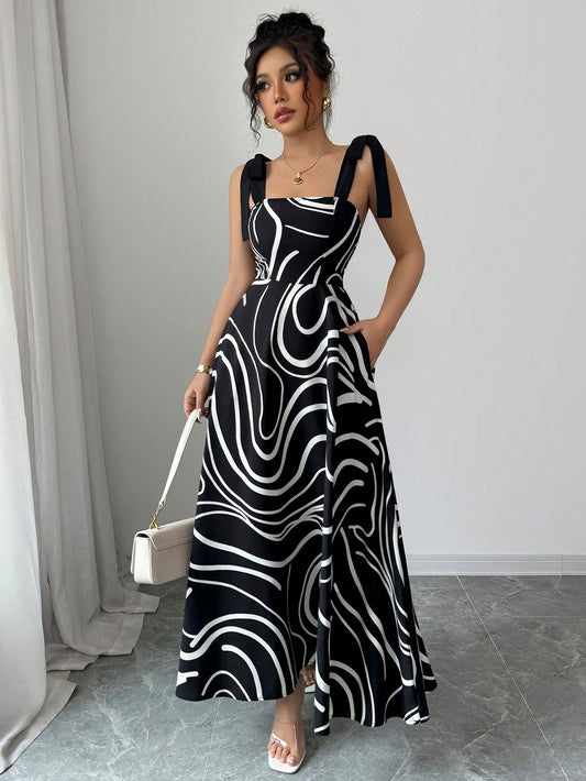 Elenzga Women's Striped Bowknot Cinched Waist Waist Midi Vacation Dress