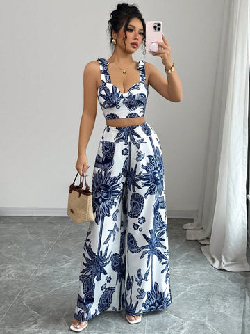 Bohemian Style Print Bib Strap Crop Top With Tie Waist Straight Leg Pants