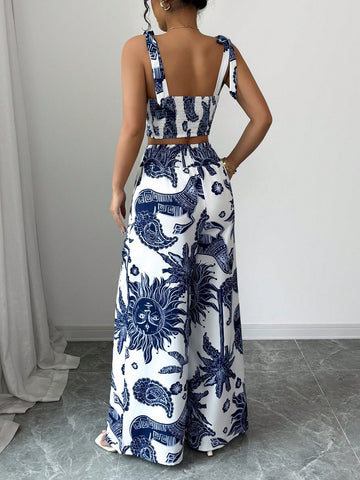 Bohemian Style Print Bib Strap Crop Top With Tie Waist Straight Leg Pants