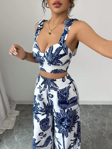 Bohemian Style Print Bib Strap Crop Top With Tie Waist Straight Leg Pants