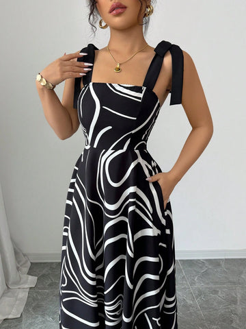 Elenzga Women's Striped Bowknot Cinched Waist Waist Midi Vacation Dress