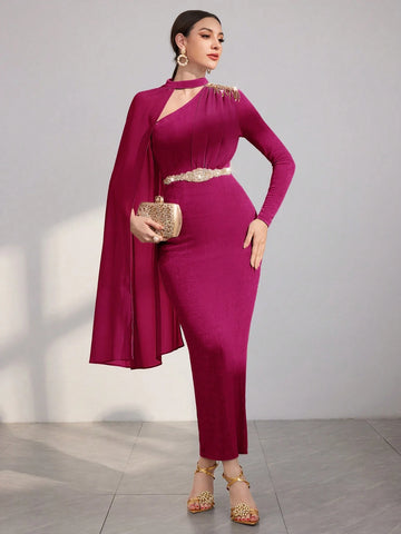 Modely Women's Bodycon Dress With Asymmetrical Neckline And Decorative Sequins
