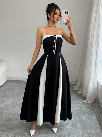 Women's Contrast Color Waist A-Line Button Decor Elegant Slip Dress