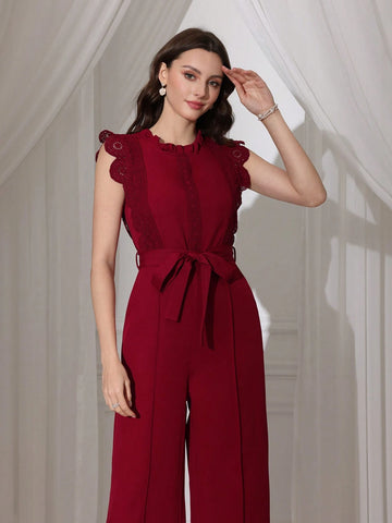 Modelyn Women Solid Color Lace Patchwork Sleeveless Sashes Straight Leg Jumpsuit
