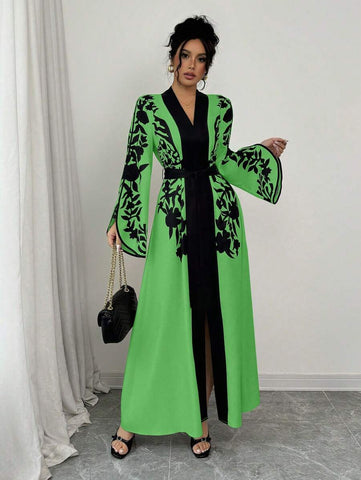 Clasi 1pc Women's Solid Color Splice Long Sleeve Printed Minimalist Long Casual Dress