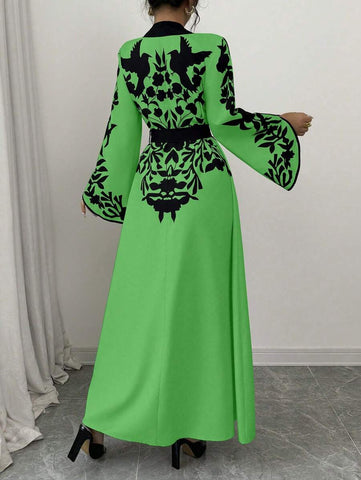 Clasi 1pc Women's Solid Color Splice Long Sleeve Printed Minimalist Long Casual Dress