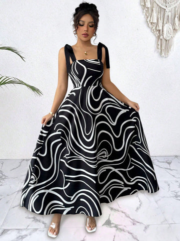 Elenzga Women's Striped Bowknot Cinched Waist Waist Midi Vacation Dress