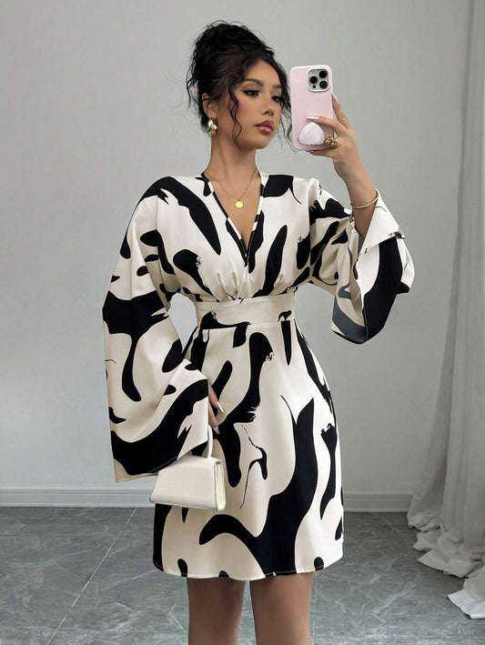 Elenzga Shirred Long Sleeve Cinched Waist Backprint Floral Casual Vacation Dress