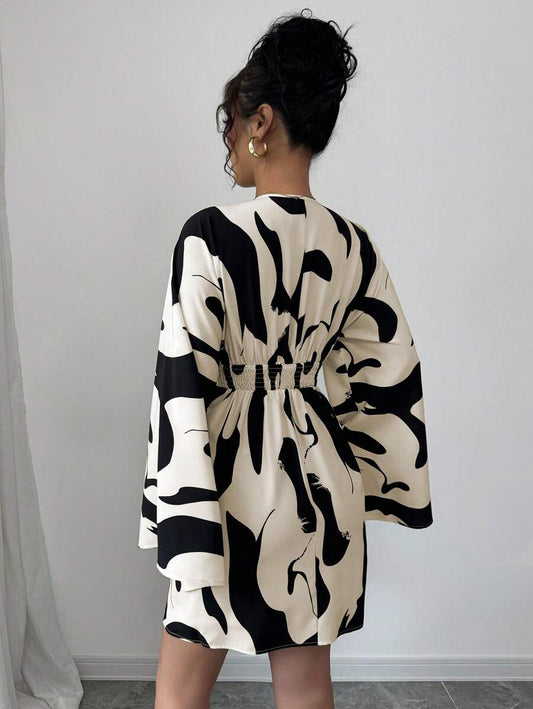 Elenzga Shirred Long Sleeve Cinched Waist Backprint Floral Casual Vacation Dress