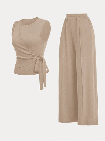 2pcs Set Women Solid Color Side Tie Tank Top And Wide Leg Pants