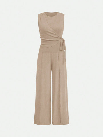 2pcs Set Women Solid Color Side Tie Tank Top And Wide Leg Pants