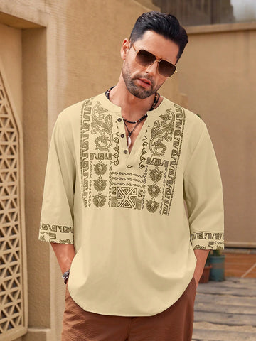 Manfinity Homme Men's Fashion Printed Mid Length Sleeve V Neck Shirt