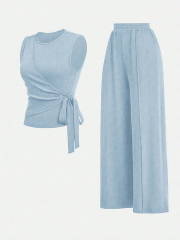 2pcs Set Women Solid Color Side Tie Tank Top And Wide Leg Pants
